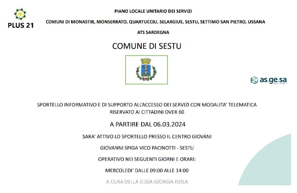 Apre lo Sportello per l’accesso ai servizi in modalità telematica per i cittadini over 60 di Sestu. Partenza il 6 marzo nel Centro giovani Giovanni Spiga di vico Pacinotti
