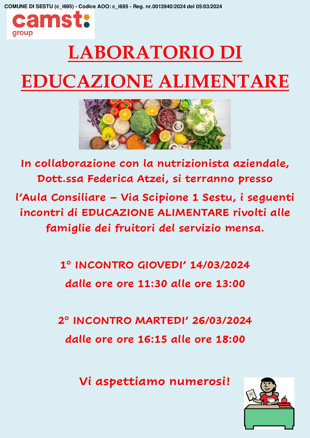 Incontri di educazione alimentare rivolti agli alunni del servizio mensa scolastica